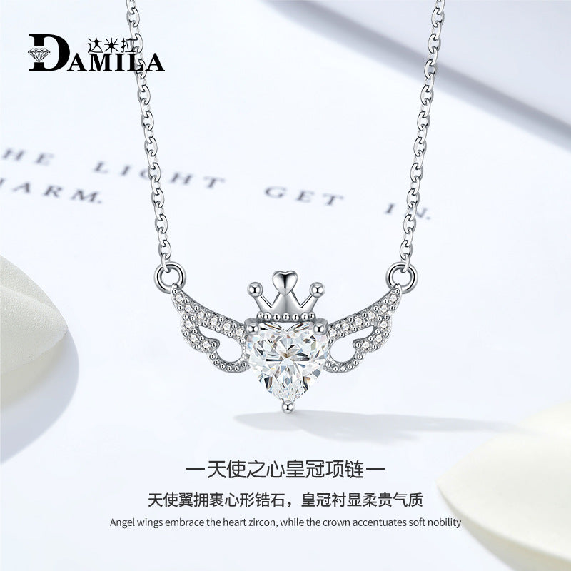 S925 Sterling Silver Crown Angel Wings Necklace