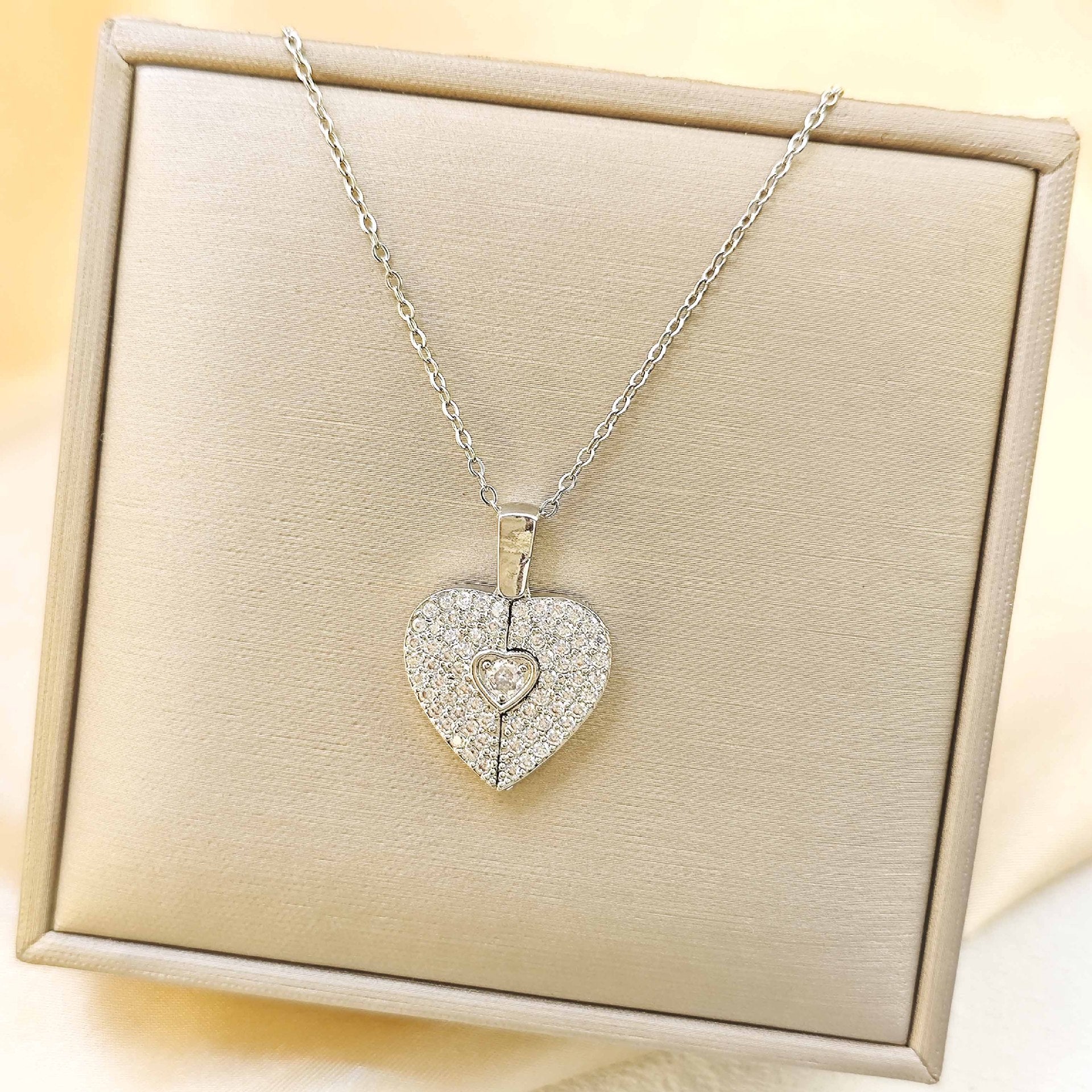 Full Crystal Hinged Heart Necklace Colorfast Titanium Steel Accessory