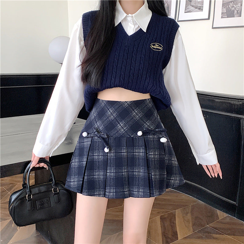Plaid Pleated Women's Autumn And Winter High Waist Umbrella Culottes Short Skirt