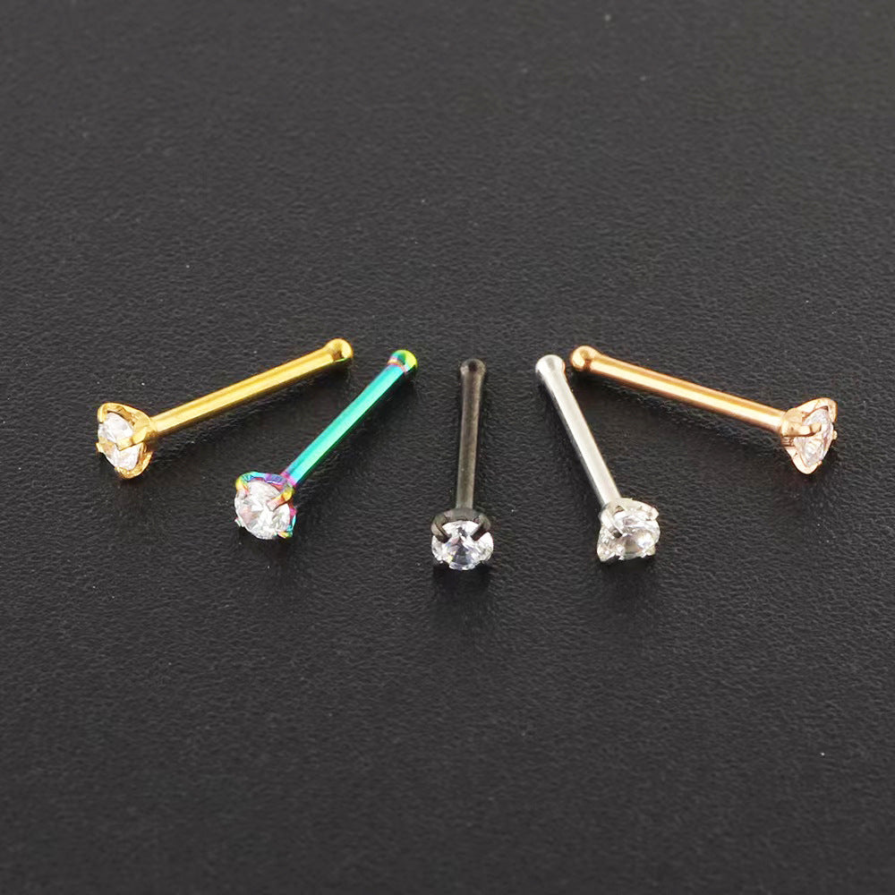 Simple Accessories Four-claw Straight Rod Round Zircon Nose Stud