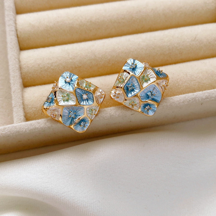 Vintage Enamel Square Stud Earrings With Zircon Color Block Floral Design Sterling Silver Post Elegant Earrings For Women