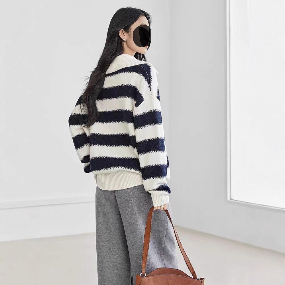 New Contrast Color Women's Loose Casual College Style Outerwear Sweater