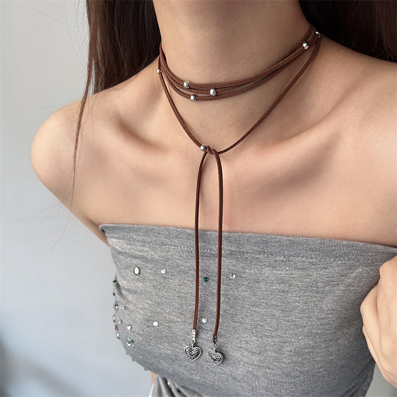 Yabi Accessories Bohemian Heart-Shaped Long Leather Rope Wrap Necklace