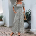 Square Collar Puff Sleeve Vacation Style Floral Jumpsuit