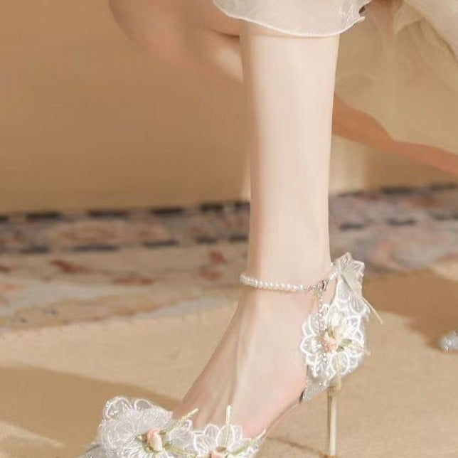 New Pointed Lace Flower Pearl Bow Tie Shoes