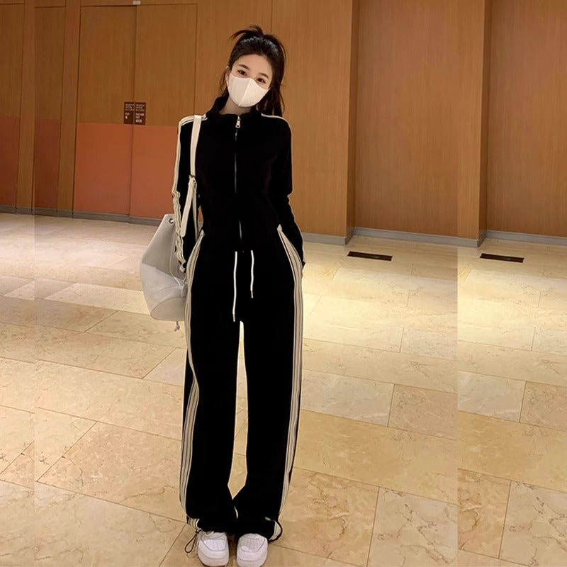 Plus Size Leisure Sports Suit Female Black Slimming Coat High Waist Slimming Pants