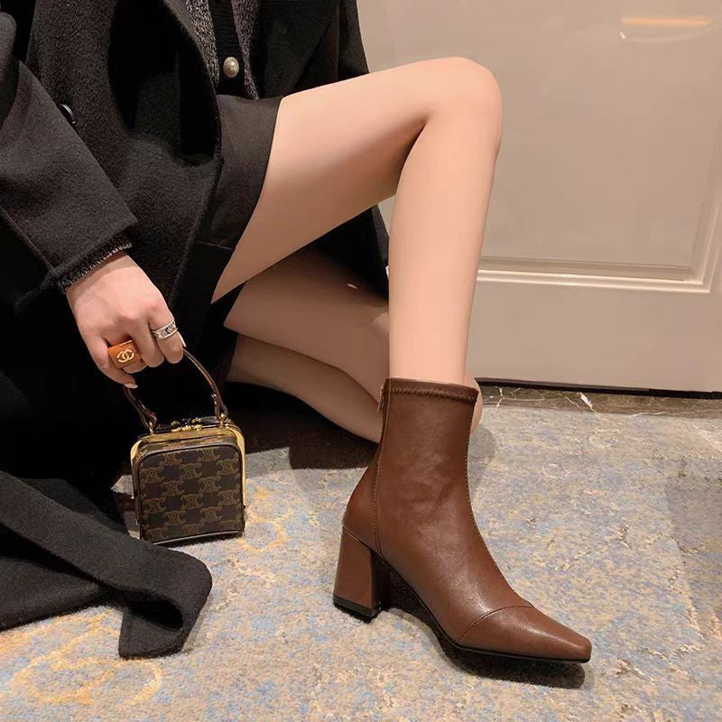 Soft Leather Back Zipper With Velvet To Show Skinny Boots