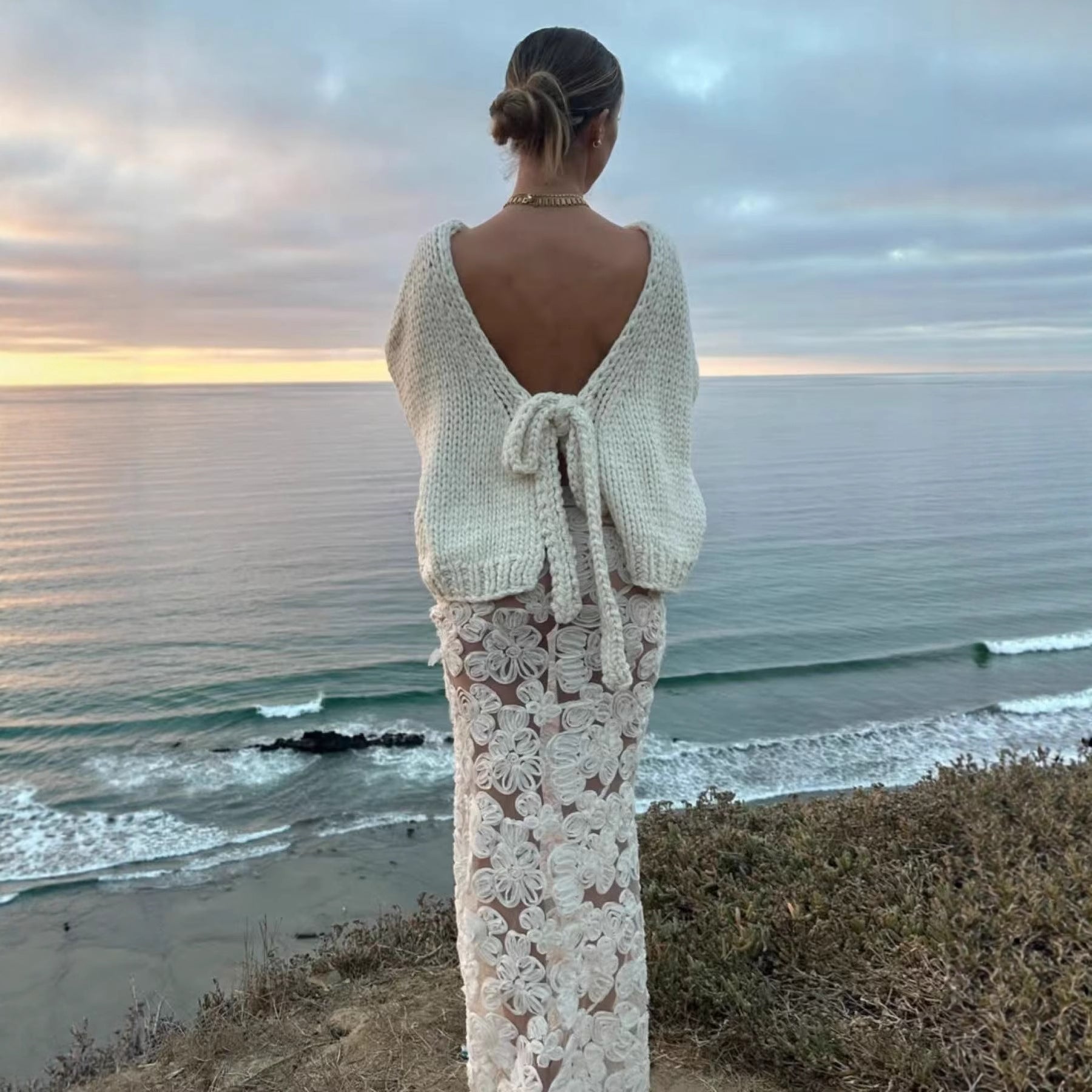 Backless Lace Up Long Sleeve Loose Sweater