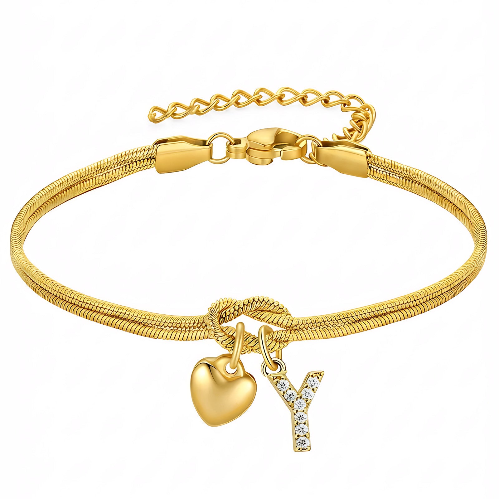 Diamond-Encrusted 26-Letter Heart Pendant Bracelet
