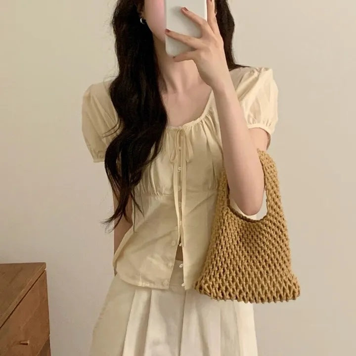 Single-breasted Lace Up Short Shirt French Small Top