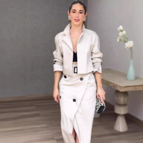 Women's Two-piece Casual Trousers With Solid Color Buckle Design