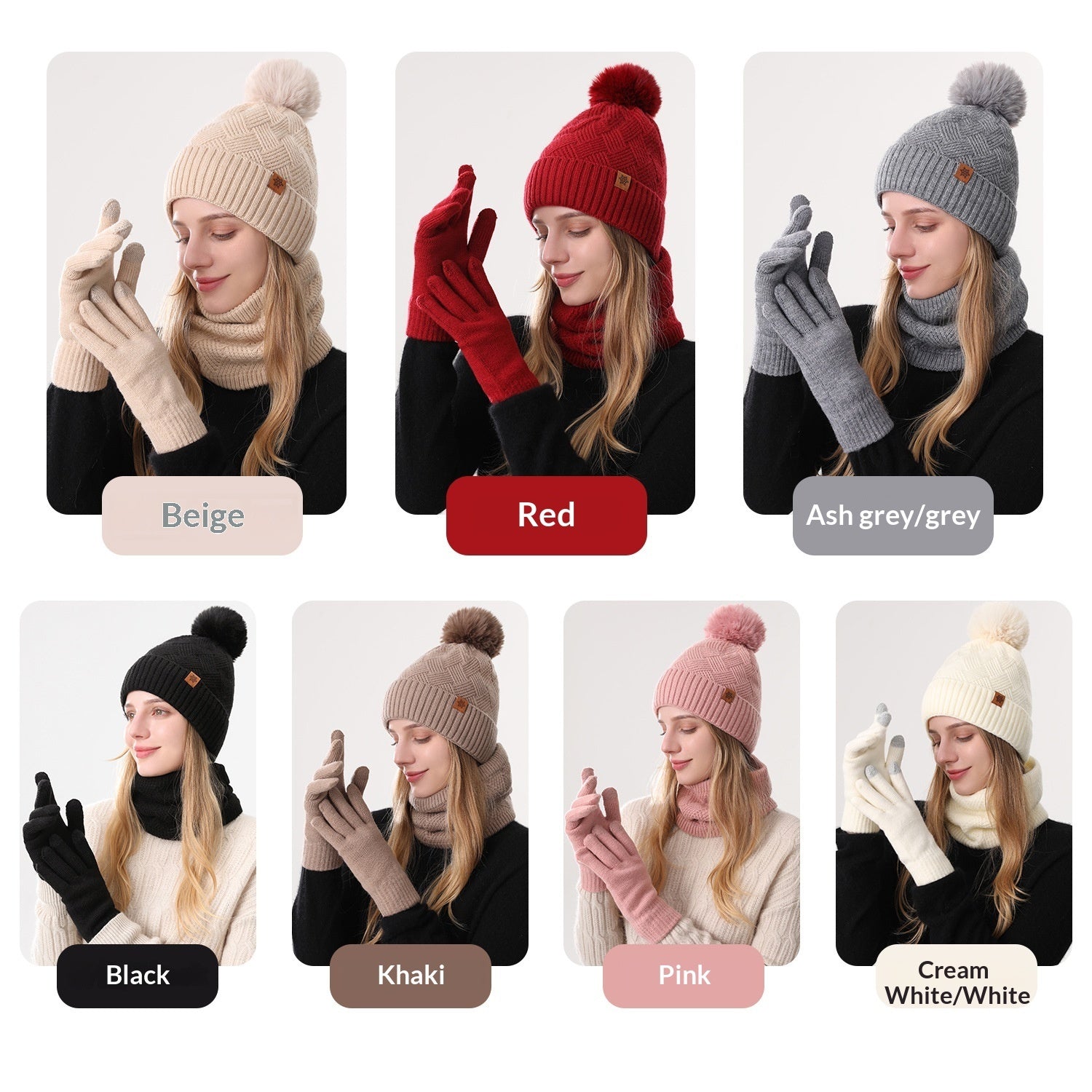 Ladies' Knitted Outdoor Warm Knitted Hat Scarf And Gloves Three-Piece Set