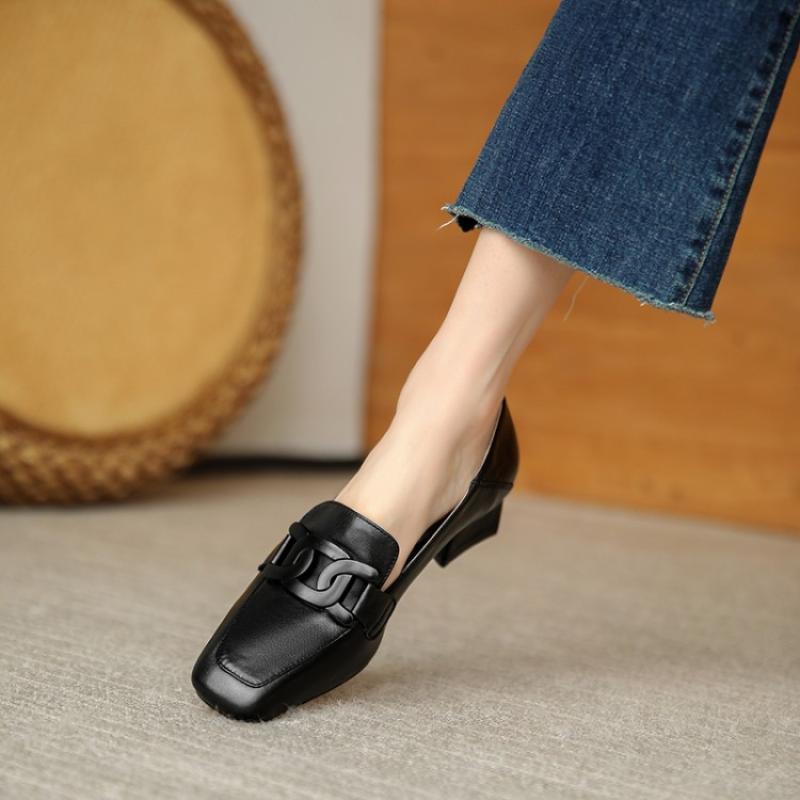British Style Chunky Heel Pumps One Pedal Loafer Women's Mid Heel