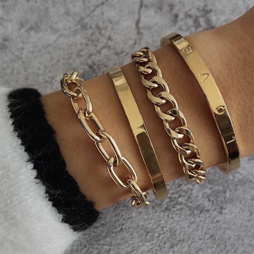 Open Bangle And Glossy Letter Bracelet Set