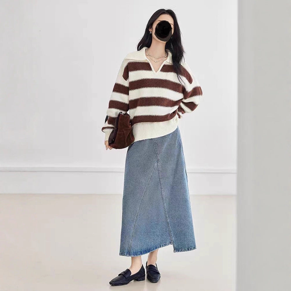 New Contrast Color Women's Loose Casual College Style Outerwear Sweater