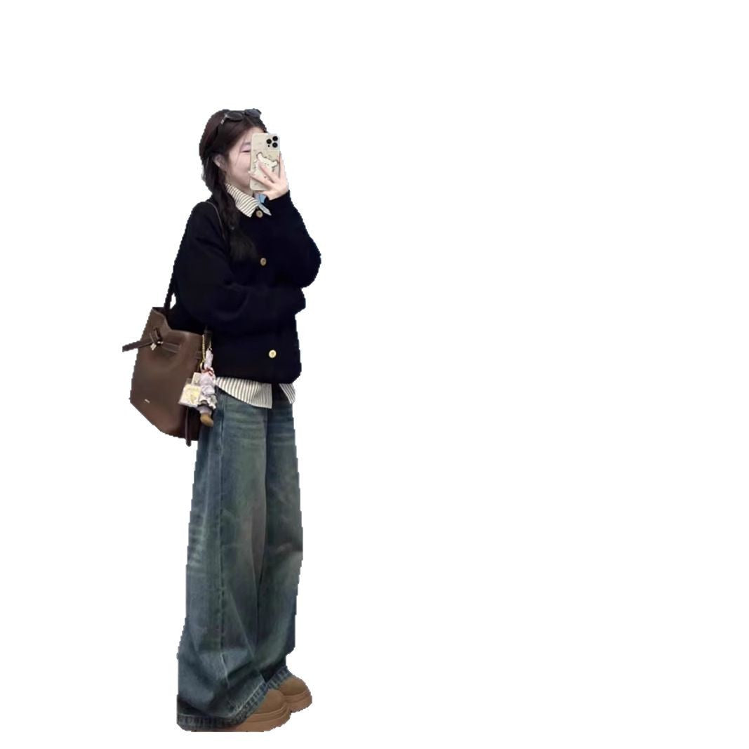 Korean Style Fake Two-piece College Style Shirt Collar Sweater Women's Coat