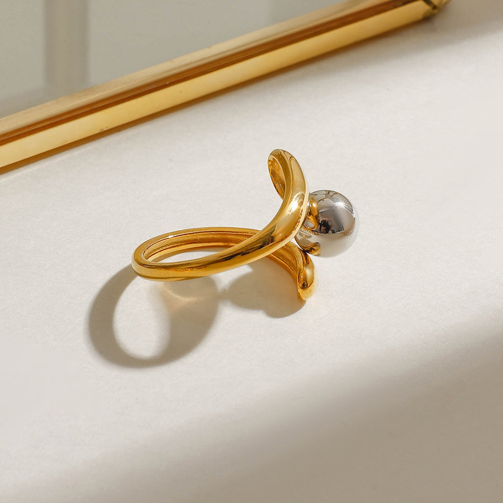 Women's Minimalist Open Ring, Interlocking Bead Design, Two-Tone Gold-Plated Stainless Steel Ring, Versatile Daily & Formal Jewelry