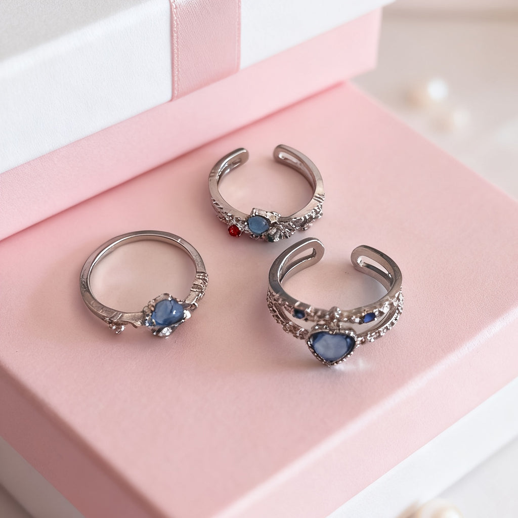 3pcs Set Of Women's Ocean Blue Heart-Shaped Moonstone Open Rings, High-End Adjustable Unique Design Ladies' Hand Jewelry