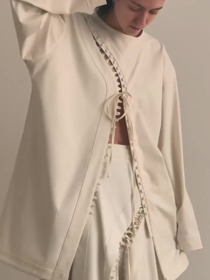 Cream Lace-Up Detail Top And Asymmetric Maxi Skirt Set