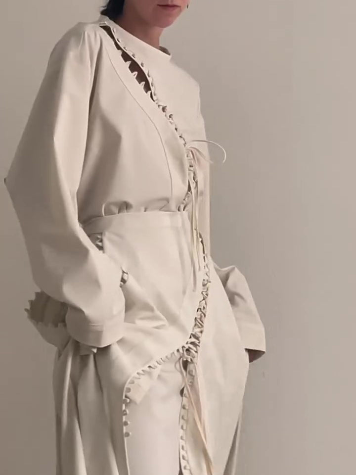 Cream Lace-Up Detail Top And Asymmetric Maxi Skirt Set