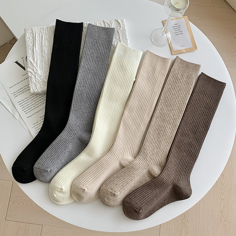 Autumn And Winter Solid Color Rib Fabric Warm Wool Calf Socks