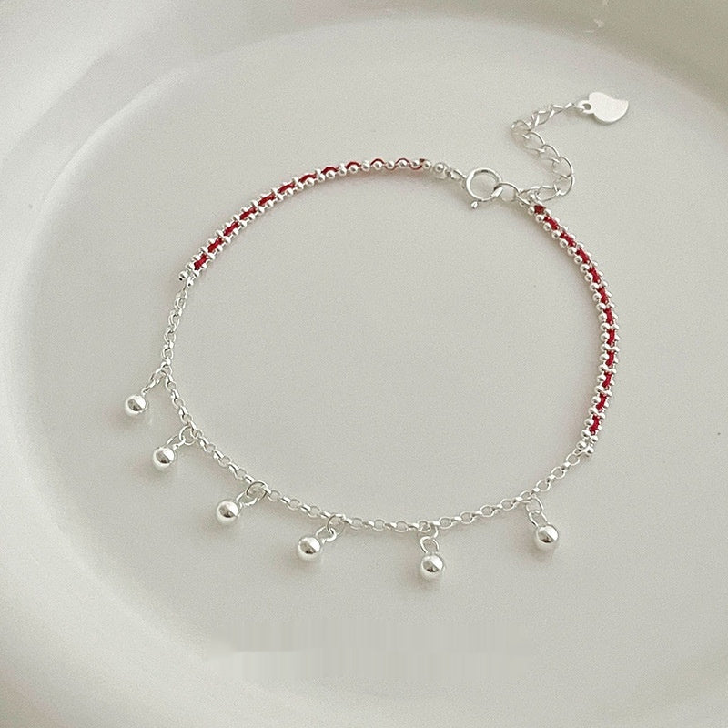 S925 Silver Round Bead Tassel Red Rope Bracelet For Women