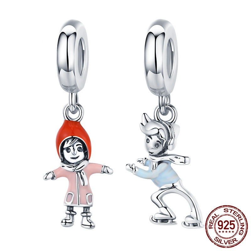 Ski Boy Girl S925 Sterling Silver Pendant DIY Ornament Accessories