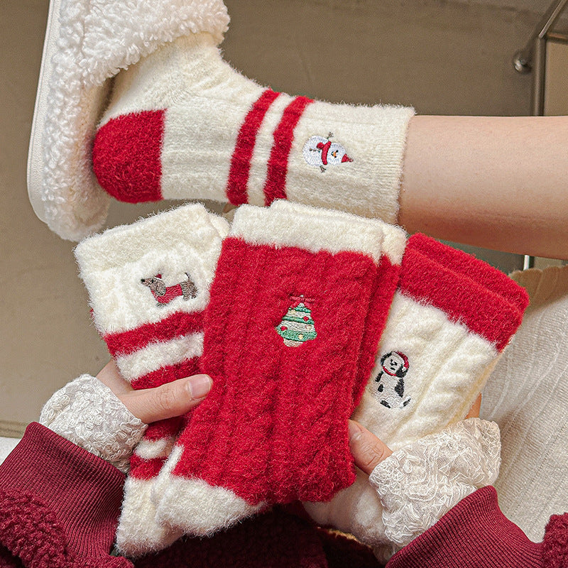 New Christmas Stockings Women's Cartoon Embroidered Snowman Middle Tube