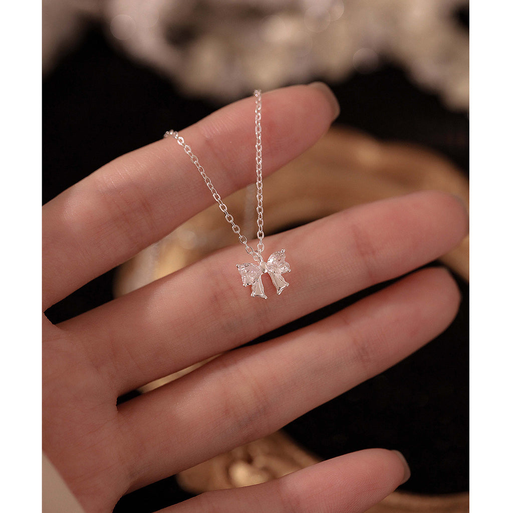 Dreamy Girl Bow Necklace With Light Luxury Sparkling Diamonds