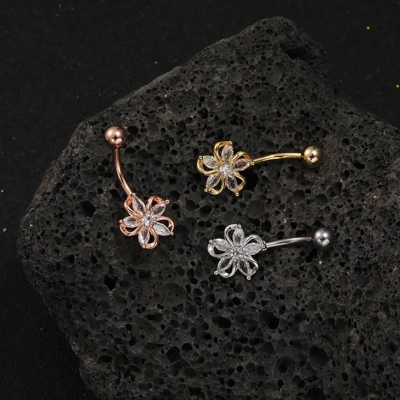 Popular Light Luxury Zircon Flower Navel Stud