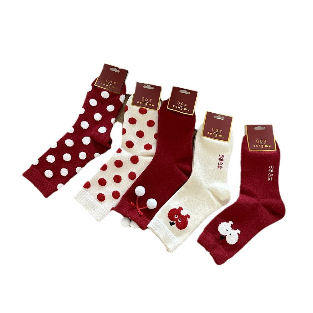 Red Dehaired Angora Polka Dot Mid-calf Creative Christmas Stockings