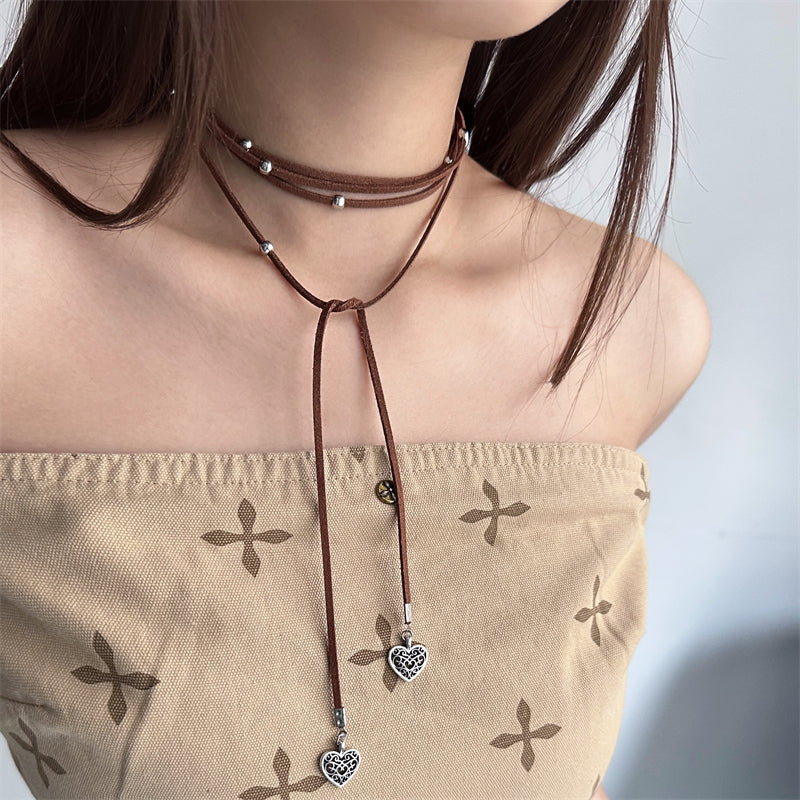 Yabi Accessories Bohemian Heart-Shaped Long Leather Rope Wrap Necklace