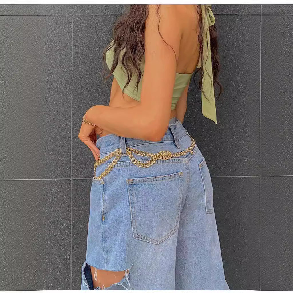 Fashionable Oblique Waist Low Waist Loose Hole Jeans For Women