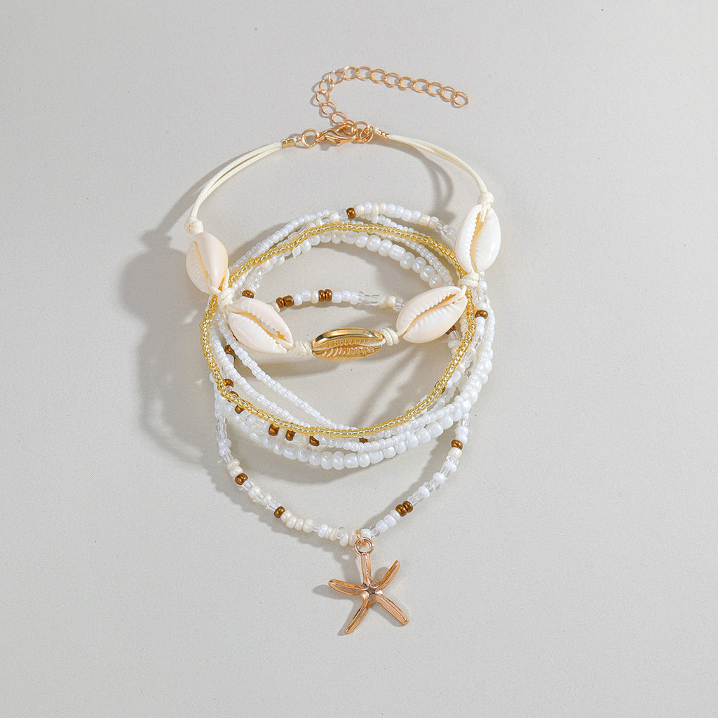 Starfish Pendant Shell Wax Thread Woven Rice Bead Elastic Women's Anklet 7-piece Set