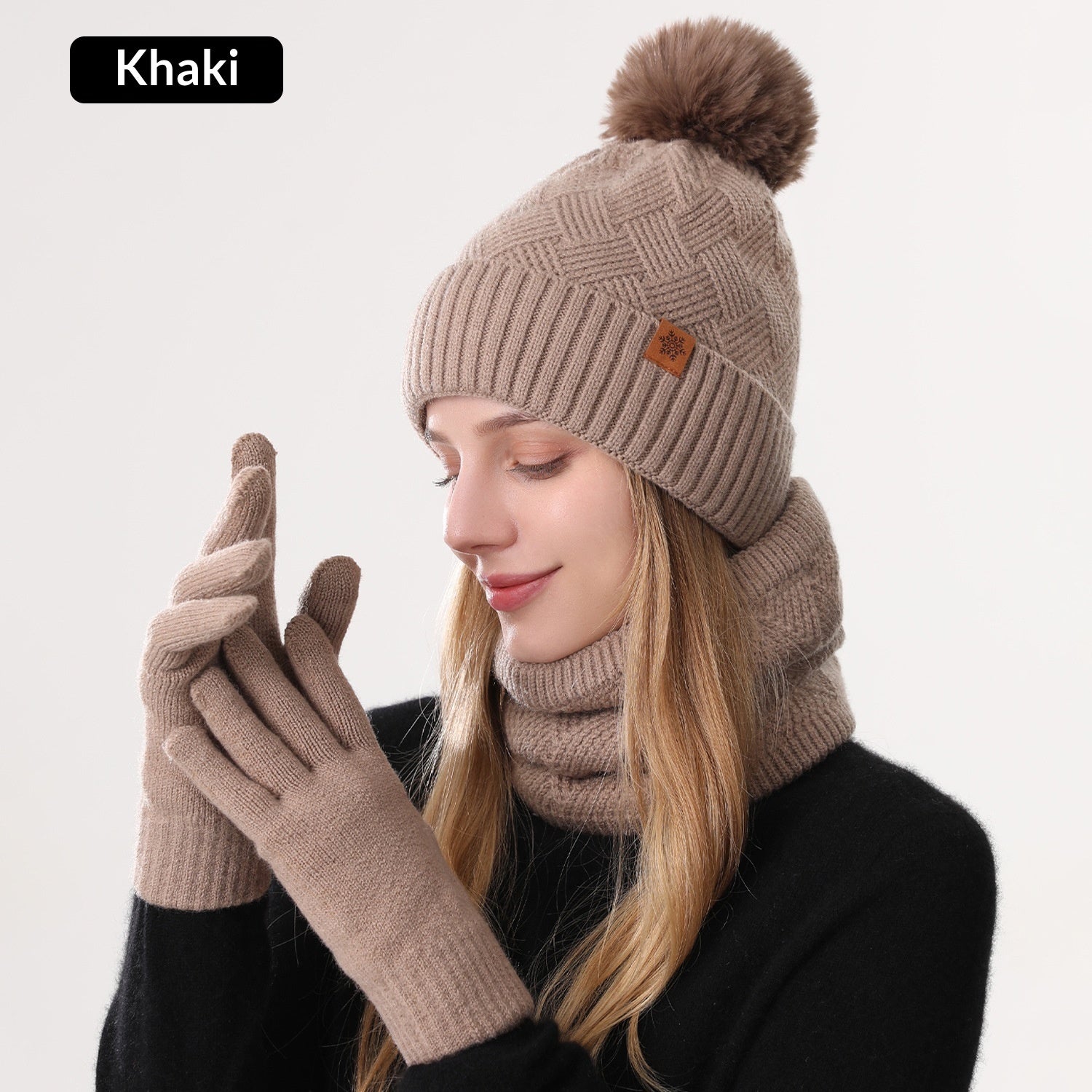 Ladies' Knitted Outdoor Warm Knitted Hat Scarf And Gloves Three-Piece Set
