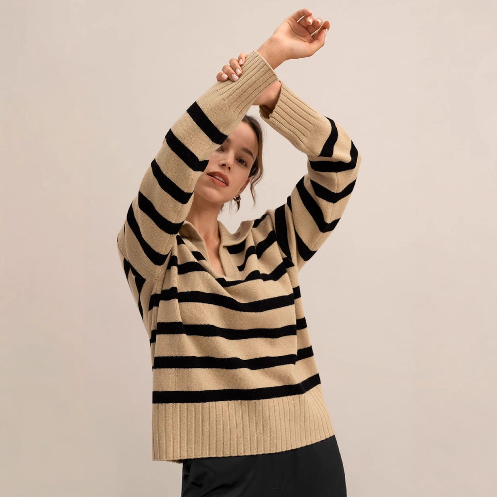 Contrast Color Loose Knitted Polo Collar Sweater