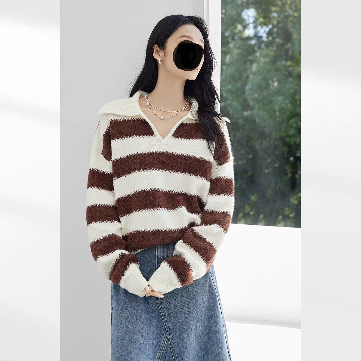 New Contrast Color Women's Loose Casual College Style Outerwear Sweater