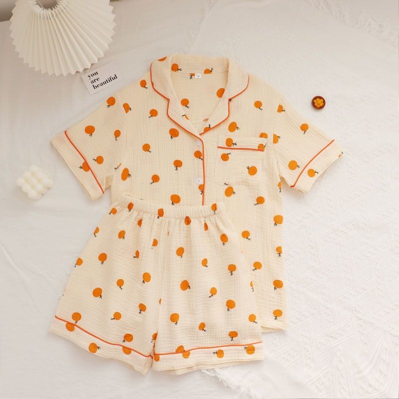 Summer Japanese Bubble Cotton Cute Orange Pajamas For Women