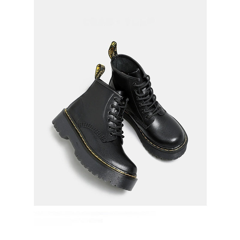 Platform Martin Boots Women's Thickened Real Leather Black Flat Bottom
