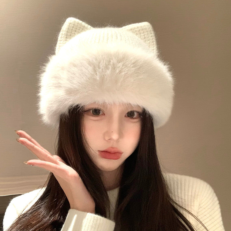Cute Cat-Ear Knitted Wool Hat For Women In Winter