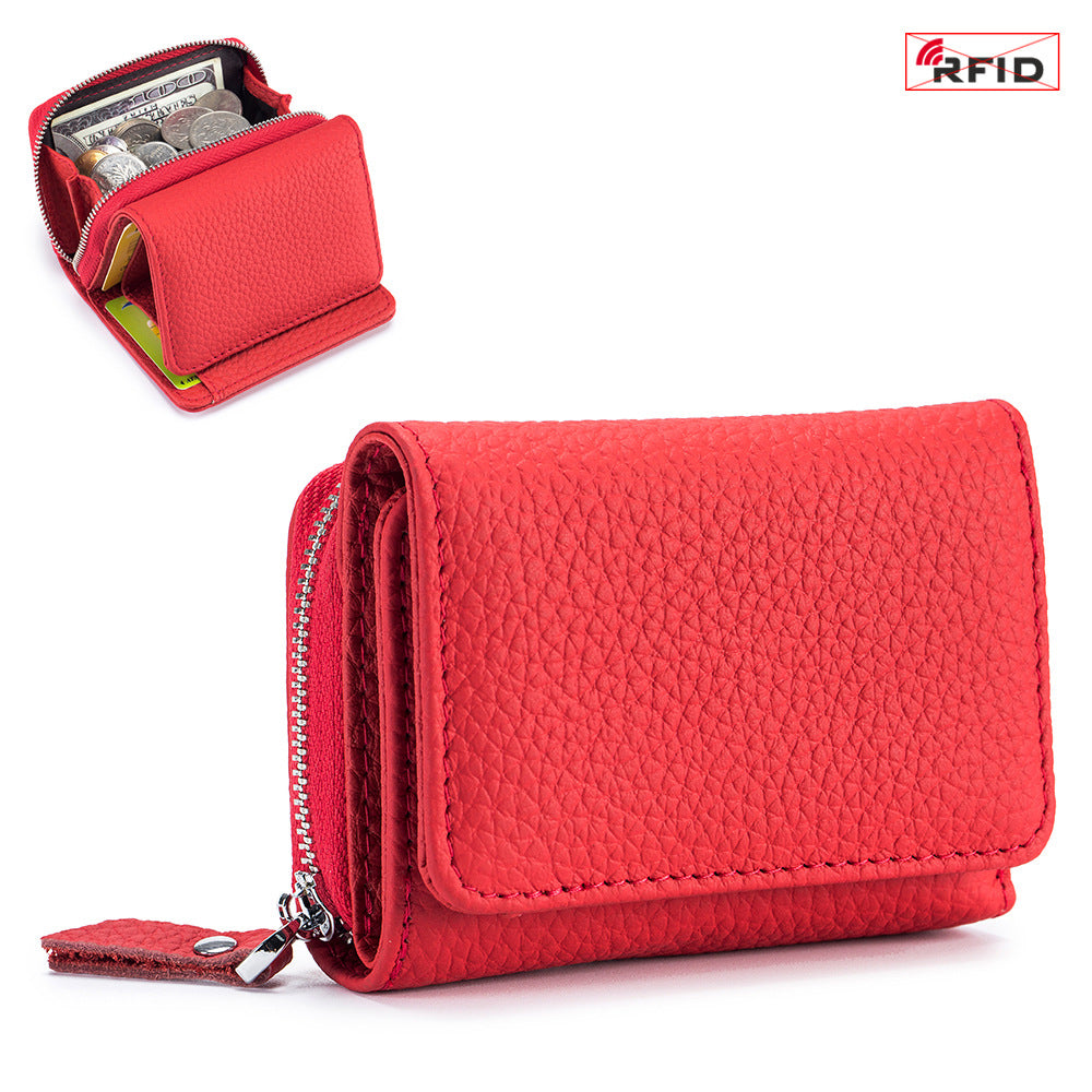 Women's Leather Tri-fold Mini RFID Wallet Large Capacity Storage Bag