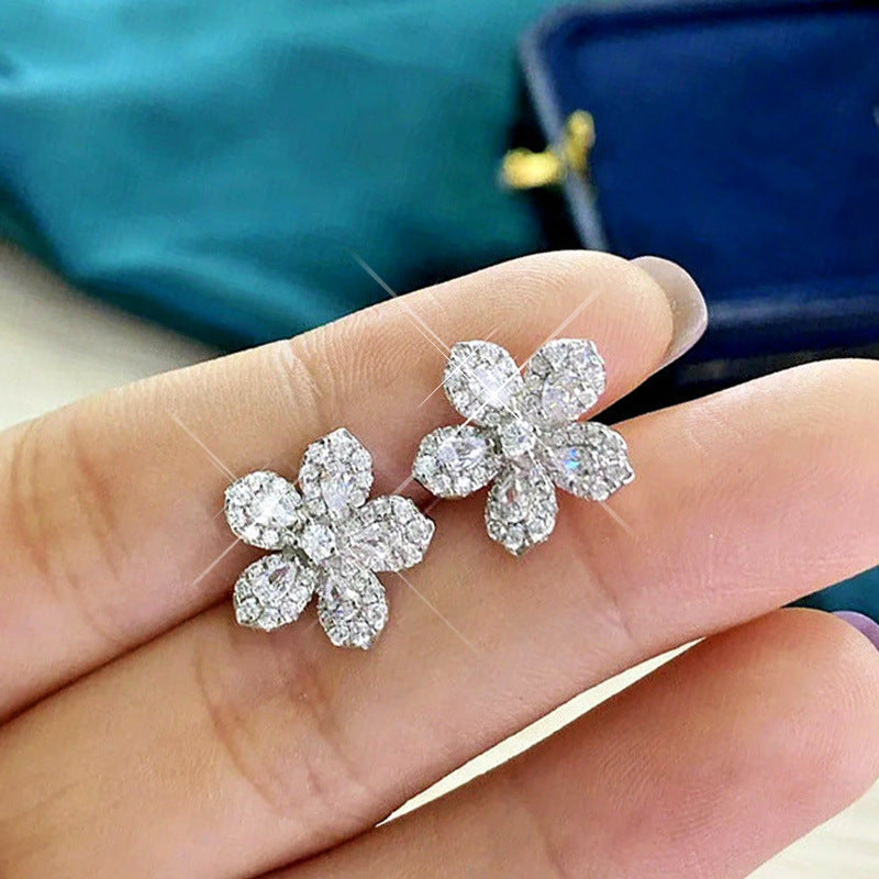 Womens Korean-style Minimalist Micro-pave Full-zircon Stud Earrings
