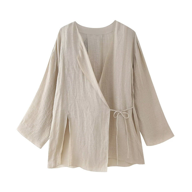 Women's Linen Split Coat Wide Leg Pants Suit