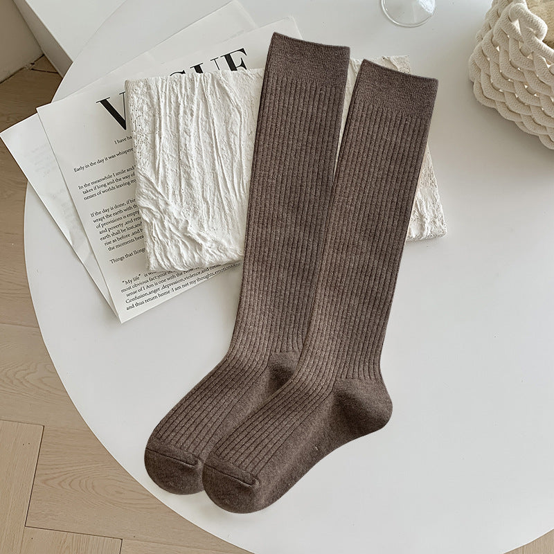 Autumn And Winter Solid Color Rib Fabric Warm Wool Calf Socks