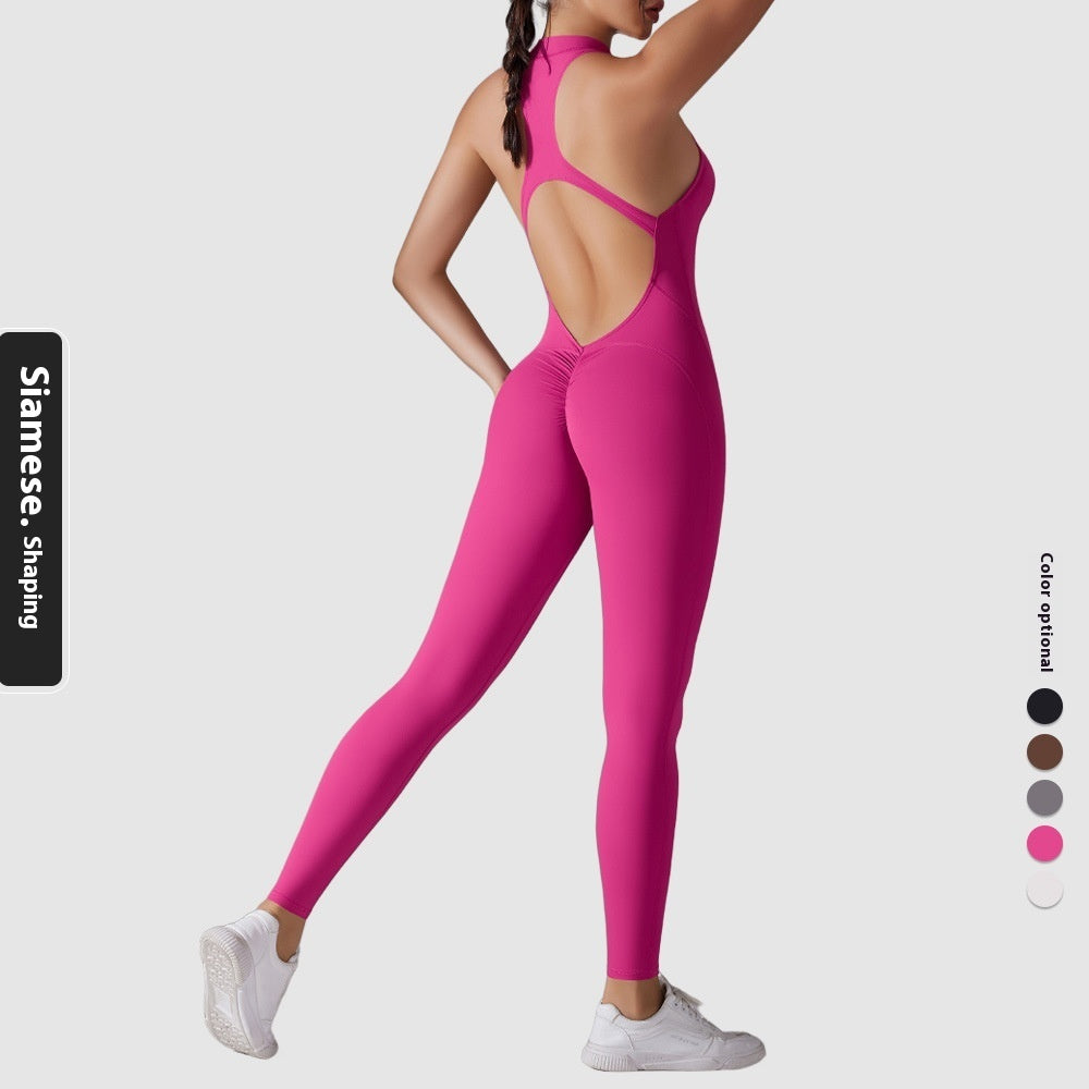 Solid Color Nude Feel High Strength Tight Sports Back Shaping Long Jumpsuit