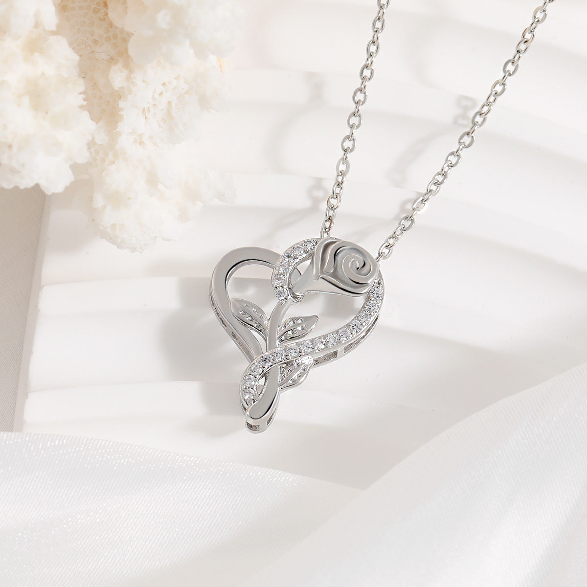 Diamond-encrusted  Intertwined Heart And Rose Flower Necklace