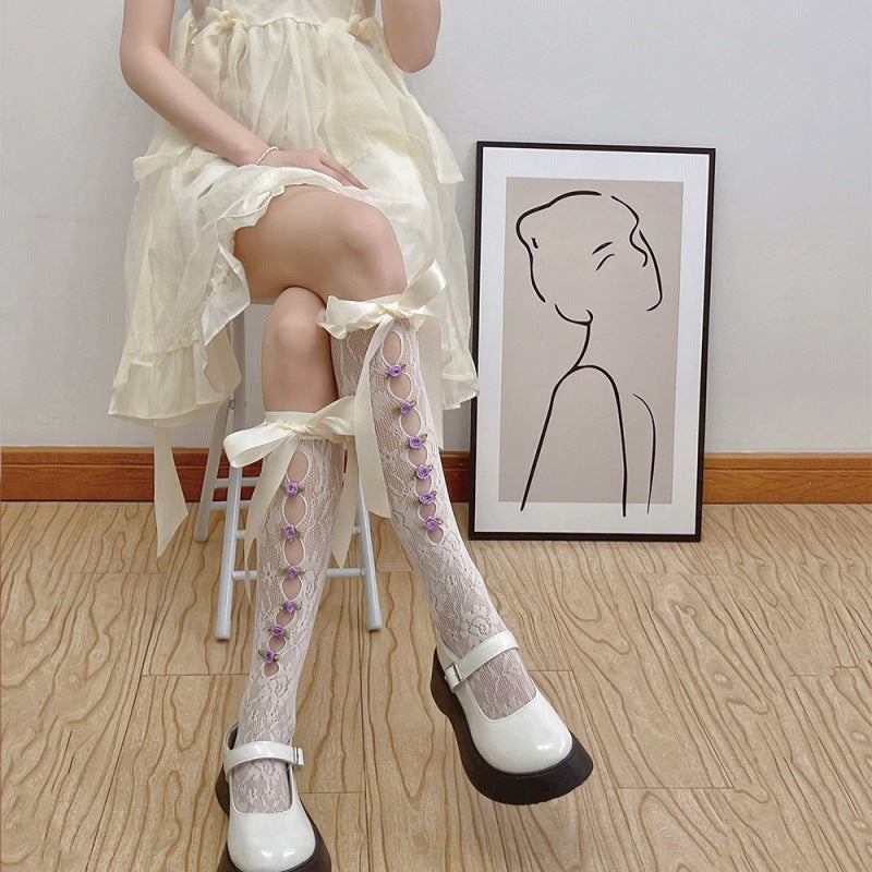 Sweet Girl's Milky White Hollow Lace Satin Ribbon Thigh High Socks