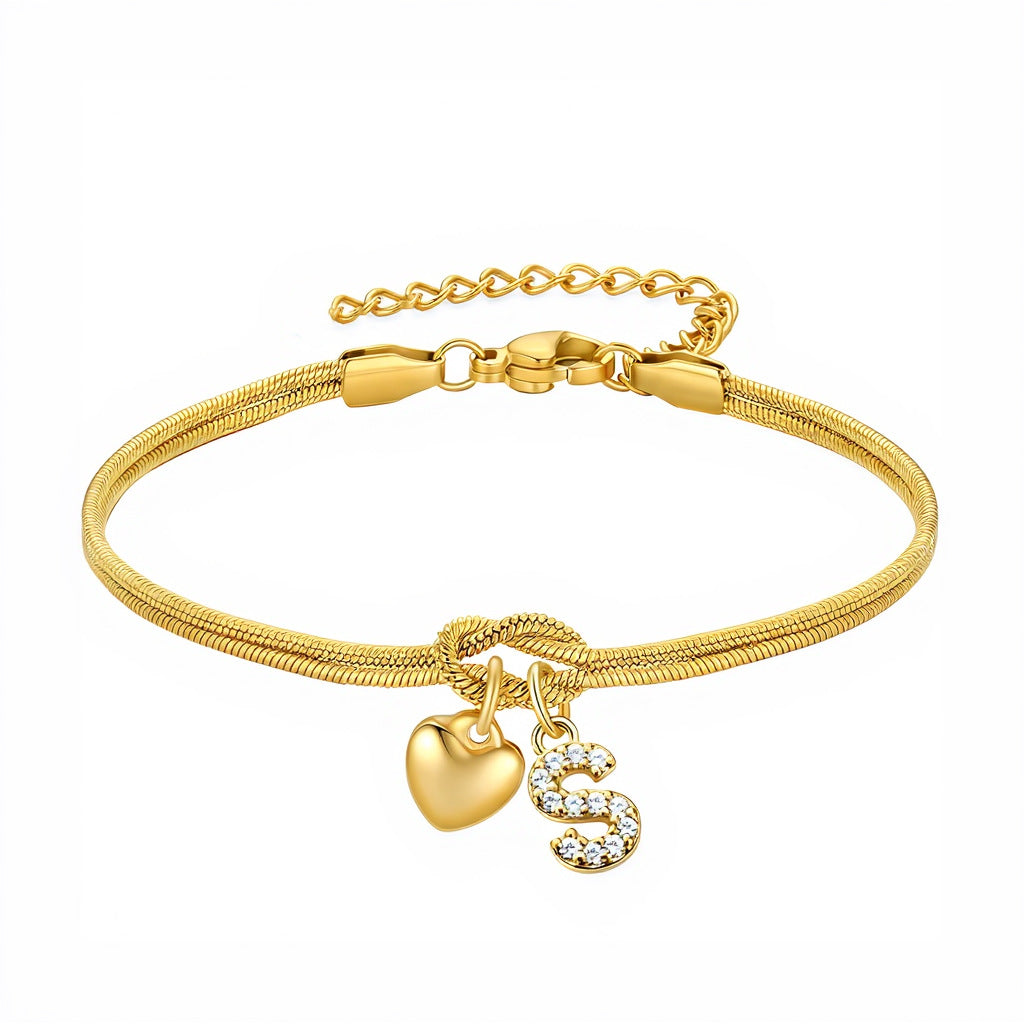 Diamond-Encrusted 26-Letter Heart Pendant Bracelet