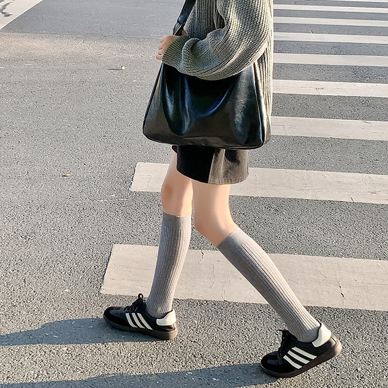 Autumn And Winter Solid Color Rib Fabric Warm Wool Calf Socks