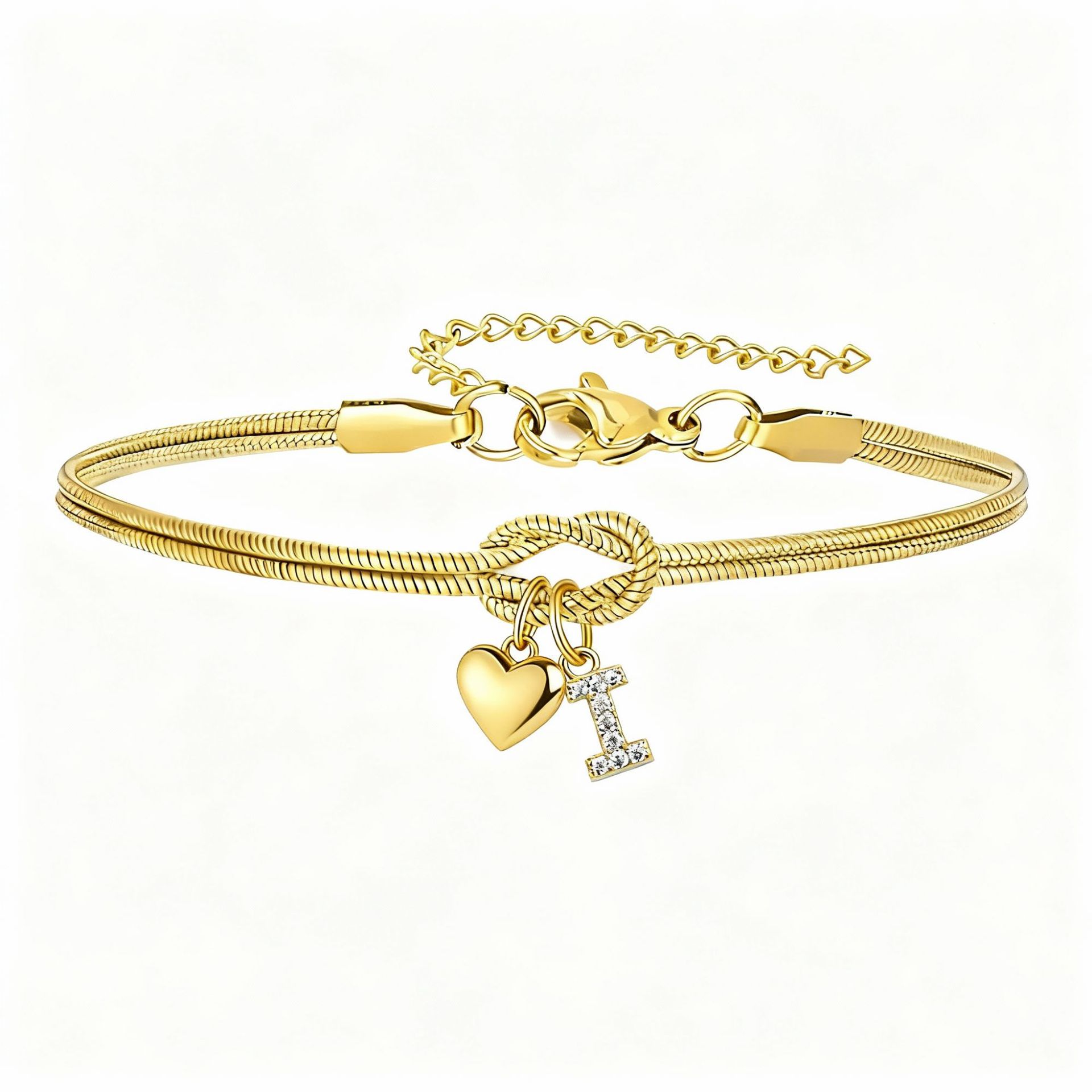 Diamond-Encrusted 26-Letter Heart Pendant Bracelet